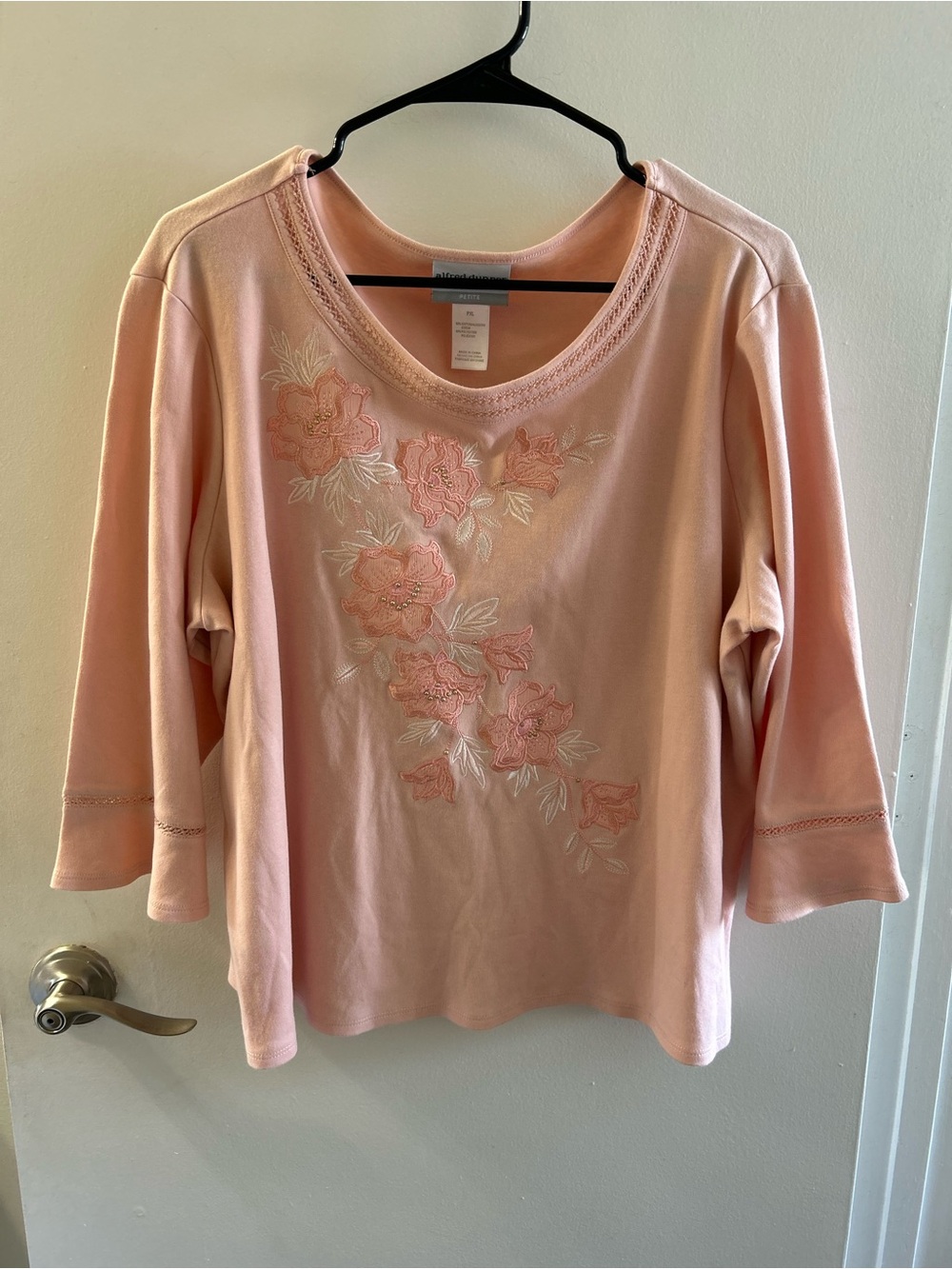 Alfred Dunner Light Pink Floral Embroidered Long Sleeve Tee